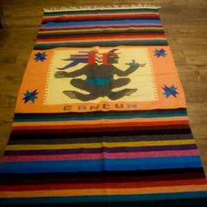 Vintage hand woven Mexican rug blanket Cancun 80x48 wool Southwestern maximalist